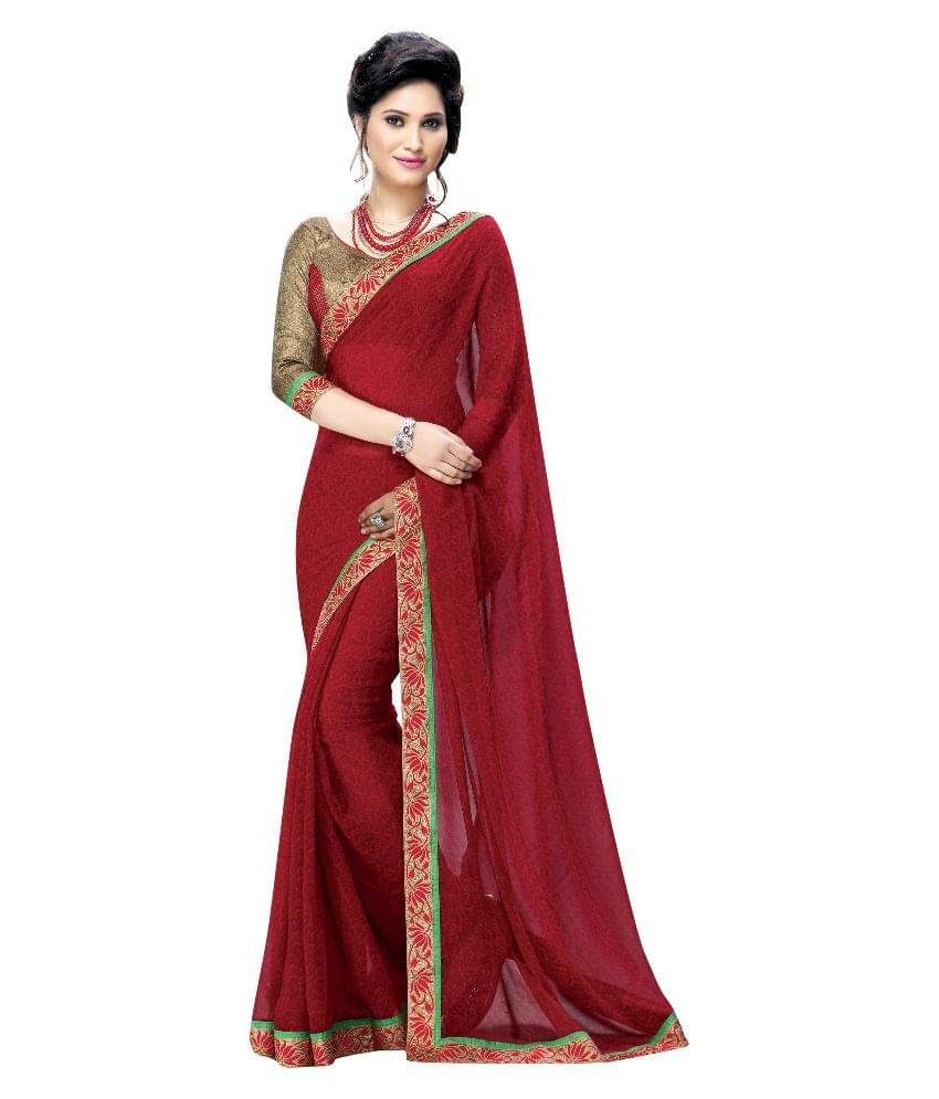 Oomph! Chiffon Saree With Unstitched Blouse Piece ( Red ) Oomph! Chiffon Saree With Unstitched Blouse Piece ( Red )