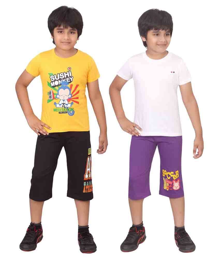     			Dongli Pack of 2 Boys Cotton T-Shirt & Capris Set ( Multi )