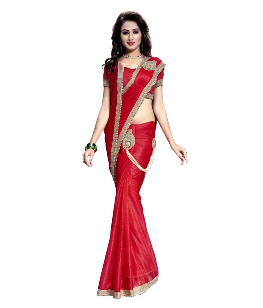 Bhuwal Fashion Lycra Embroidered Saree With Unstitched Blouse Piece ( Red,Beige ) Bhuwal Fashion Lycra Embroidered Saree With Unstitched Blouse Piece ( Red,Beige )