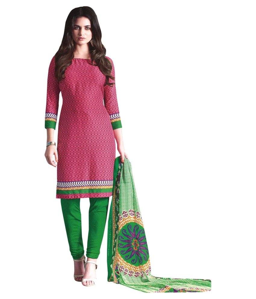 Reya Green and Pink Crepe Dress Material     			Reya Green and Pink Crepe Dress Material