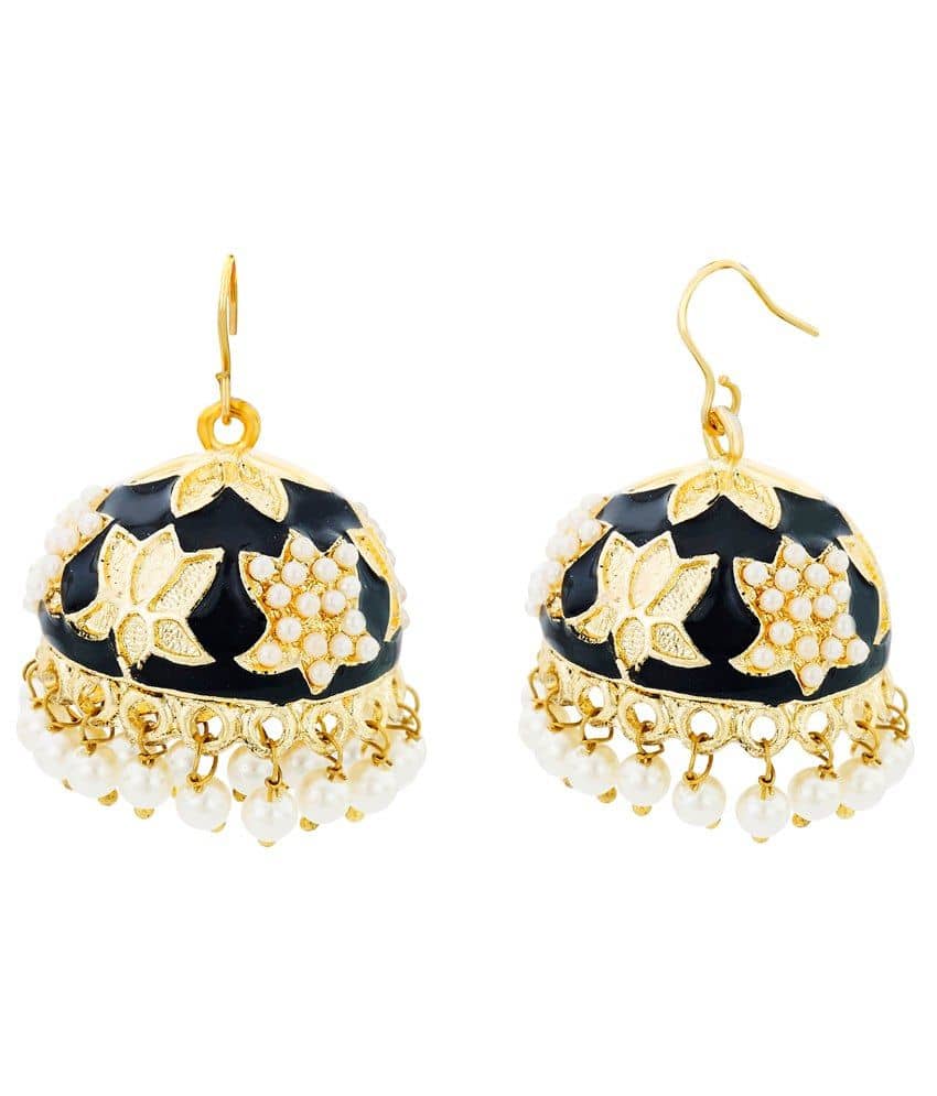 The Jewelbox Lotus Gold Plated Black Meenakari Jhumki Earring for Women - Earrings | Buy online on ZillyBuy