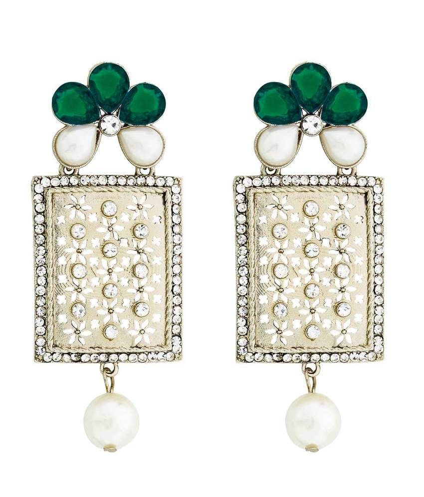The Jewelbox Designer American Diamond Green Pearl Rhodium Long Earring for Women The Jewelbox Designer American Diamond Green Pearl Rhodium Long Earring for Women