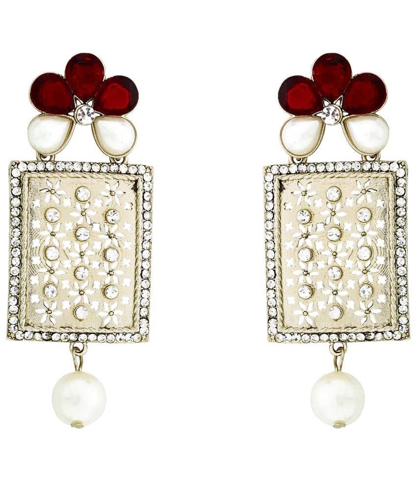 The Jewelbox Designer American Diamond Ruby Red Pearl Rhodium Long Earring for Women - Earrings | Buy online on ZillyBuy
