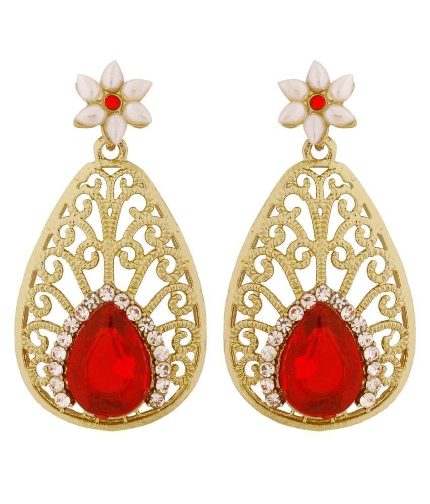 The Jewelbox Pear Flower Filigree Antique Rhodium Pearl Red Earring for Women The Jewelbox Pear Flower Filigree Antique Rhodium Pearl Red Earring for Women