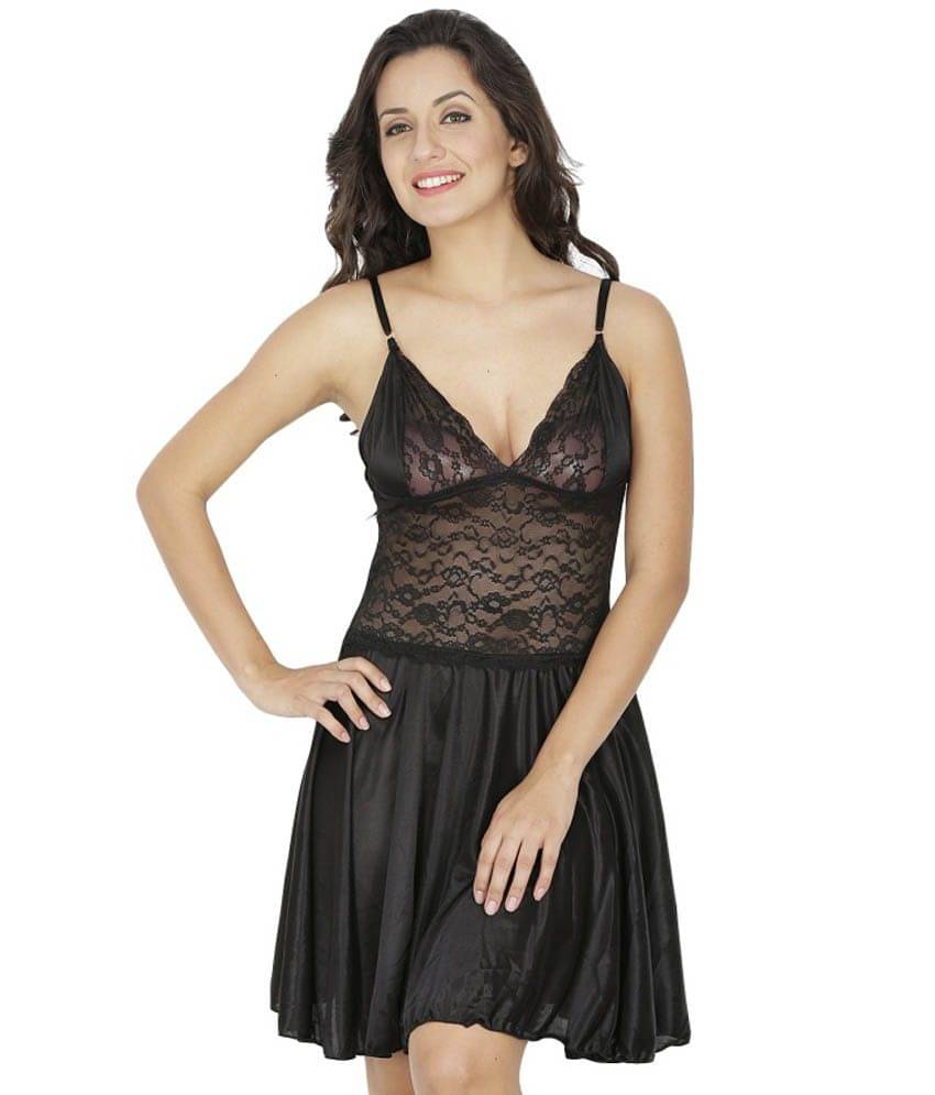     			Klamotten Satin Baby Doll Dresses With Panty - Black
