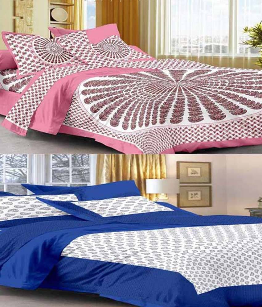     			Uniqchoice 2 Multicolor Cotton Double Bedsheets with 4 Pillow Covers
