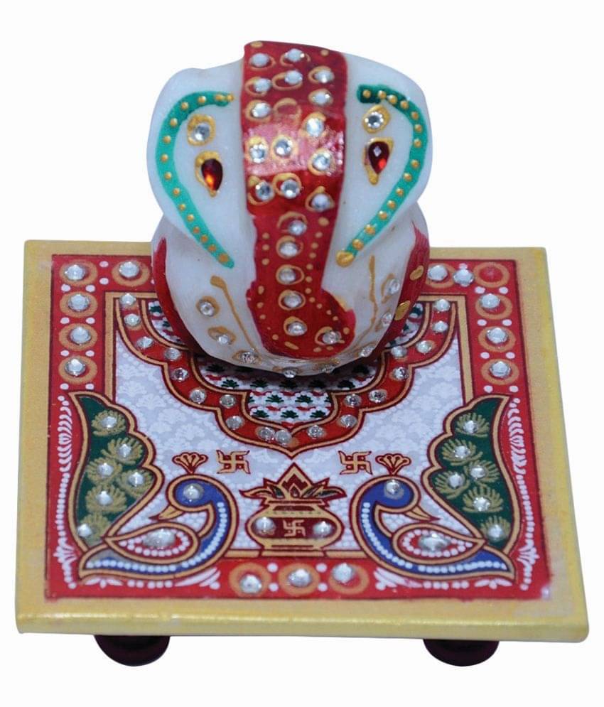    			Just Shoppe Glossy Handicraft Meenakari Work Lord Ganesha With Marble Pooja Chowki