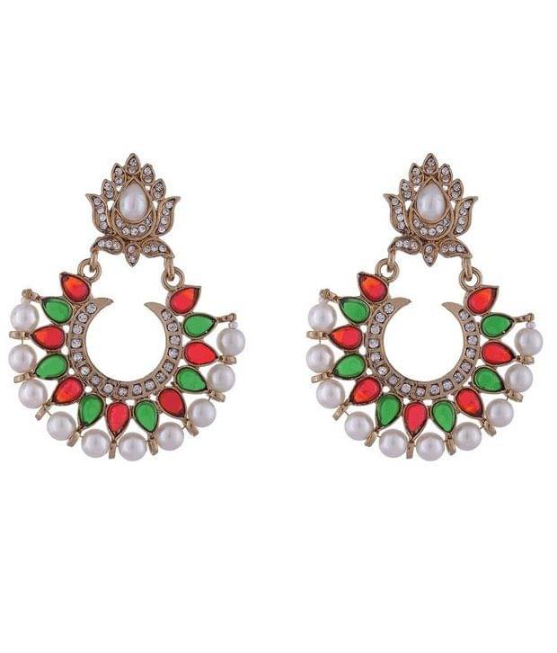 The Jewelbox Red Green Stone Pearl American Diamond Chaand Bali Earring The Jewelbox Red Green Stone Pearl American Diamond Chaand Bali Earring