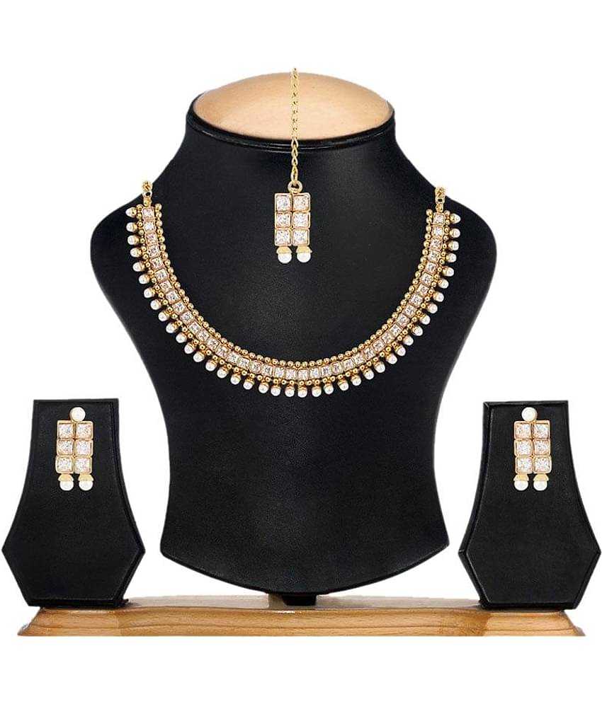 YouBella Traditional Pearl Temple Necklace Set with Earrings and Maang Tika for Women