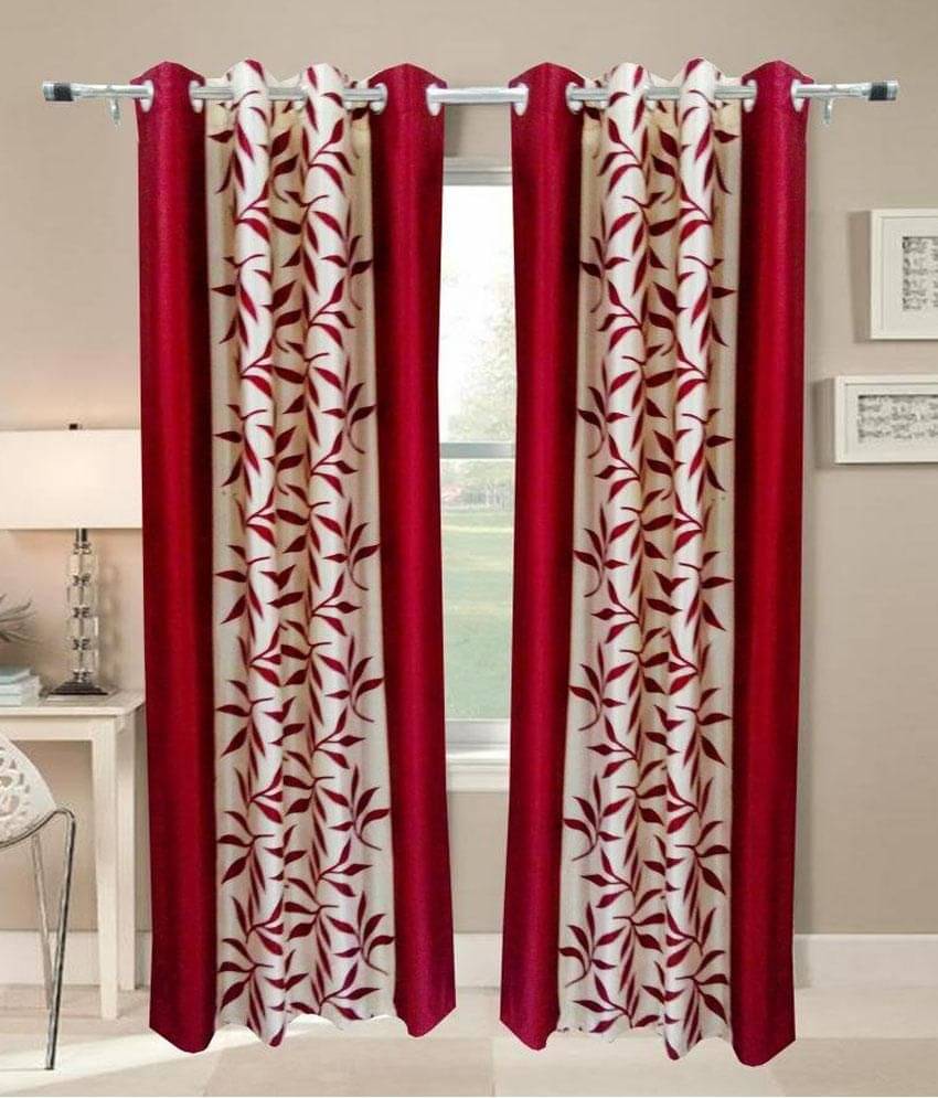 Panipat Textile Hub Floral Semi-Transparent Eyelet Door Curtain 7 ft Pack of 2 -Red Panipat Textile Hub Floral Semi-Transparent Eyelet Door Curtain 7 ft Pack of 2 -Red