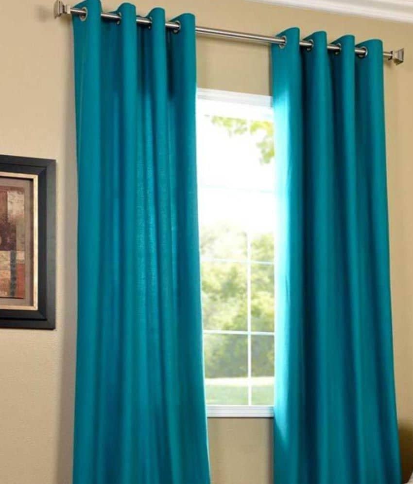 Panipat Textile Hub Solid Semi-Transparent Eyelet Door Curtain 7 ft Pack of 2 -Blue