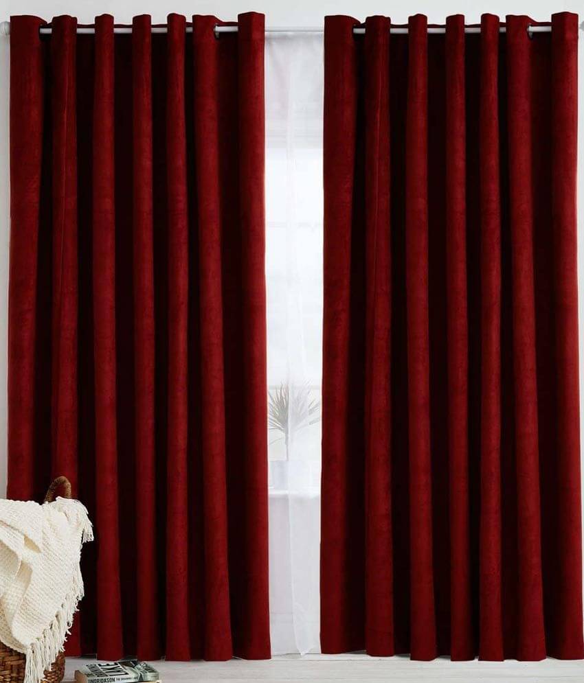     			Panipat Textile Hub Solid Semi-Transparent Eyelet Door Curtain 7 ft Pack of 2 -Red