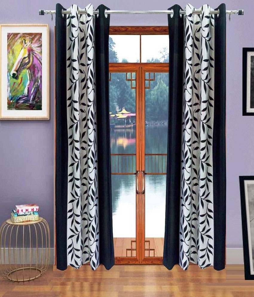     			Panipat Textile Hub Floral Semi-Transparent Eyelet Door Curtain 7 ft Pack of 2 -Black