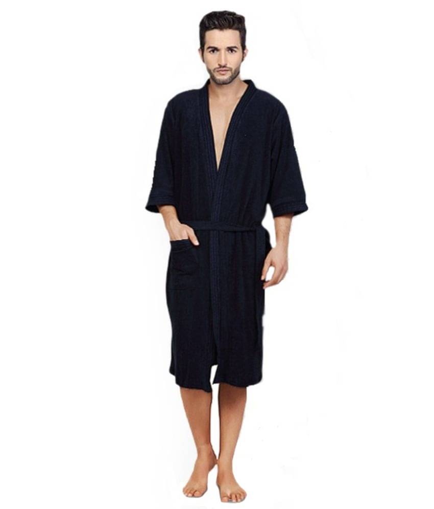     			Feelblue Black Plain Cotton Bathrobe