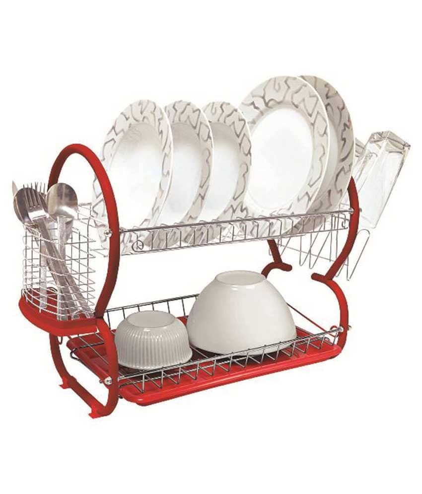 Pindia Stainless Steel Chrome 2 Tier Dish Drainer Rack Utensil Holder Multi Color