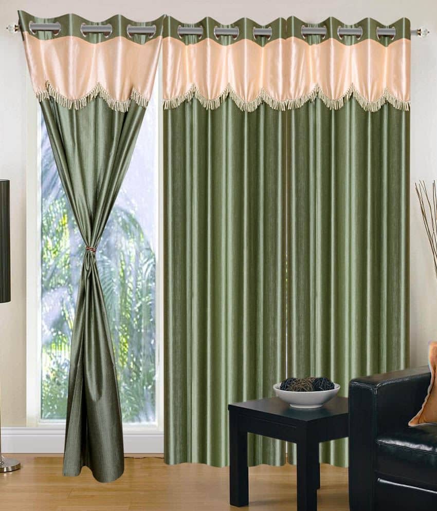 Tanishka Fabs Natural Semi-Transparent Eyelet Window Curtain 7 ft Pack of 3 -Green