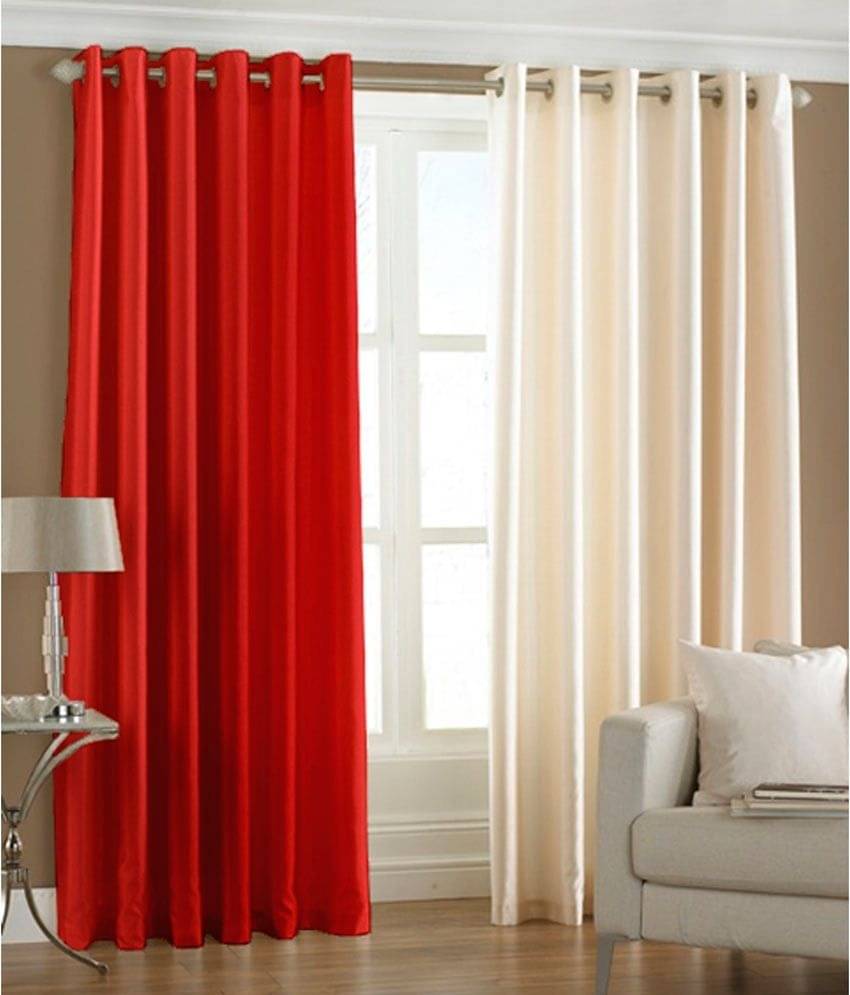     			Panipat Textile Hub Solid Semi-Transparent Eyelet Door Curtain 7 ft Pack of 2 -Red