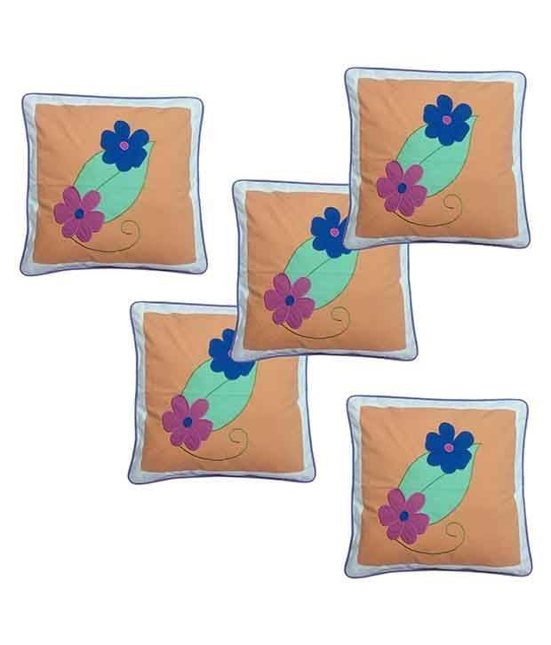     			HUGS N RUGS Set of 5 Cotton Thread Work Square Cushion Cover (40X40)cm - Orange