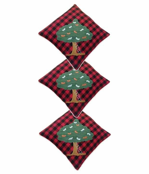 Hugs'n'Rugs Red Cotton Cushion Covers - Set Of 3 Hugs'n'Rugs Red Cotton Cushion Covers - Set Of 3
