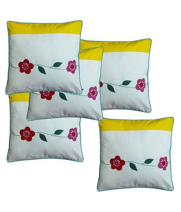     			HUGS N RUGS Set of 5 Cotton Floral Square Cushion Cover (40X40)cm - White