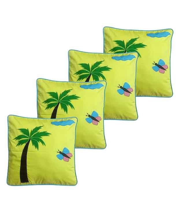     			Hugs'n'Rugs Yellow Cotton Cushion Covers - Set Of 4