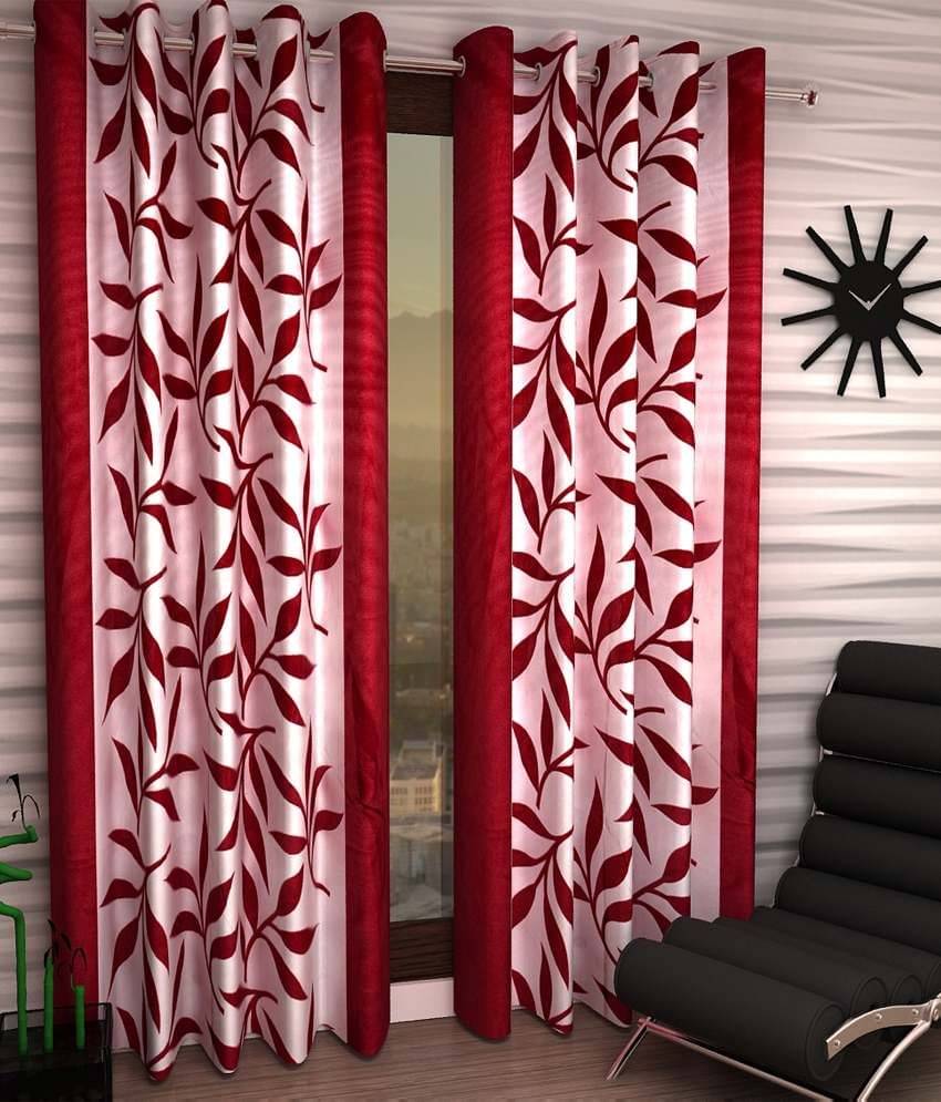     			Tanishka Fabs Floral Semi-Transparent Eyelet Door Curtain 7 ft -Red