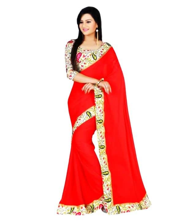 AV FASHION Chiffon Saree With Unstitched Blouse Piece ( Red ) - Sarees | Buy online on ZillyBuy