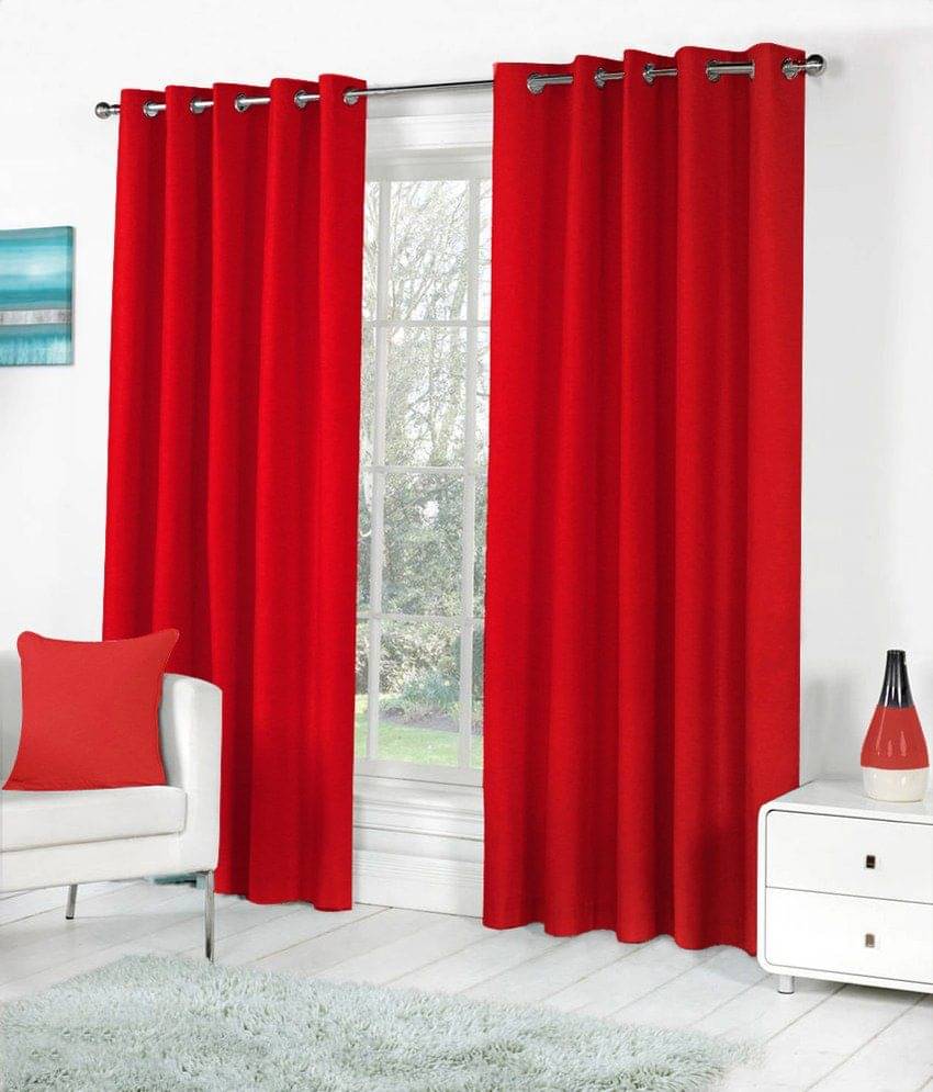 Panipat Textile Hub Solid Semi-Transparent Eyelet Door Curtain 7 ft -Red Panipat Textile Hub Solid Semi-Transparent Eyelet Door Curtain 7 ft -Red