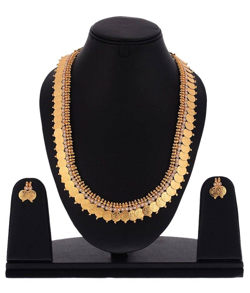 Zeneme Long Traditional Maharani White Temple coin Necklace Set     			Zeneme Long Traditional Maharani White Temple coin Necklace Set