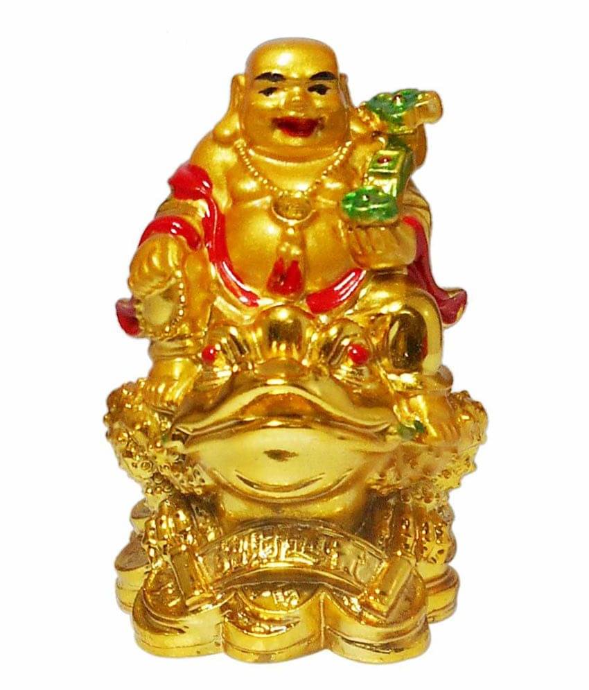     			Vastu Art Yellow Resin Vastu / Feng Shui / Small Laughing Buddha Sitting On Money Frog For Happiness, Wealth & Goodluck
