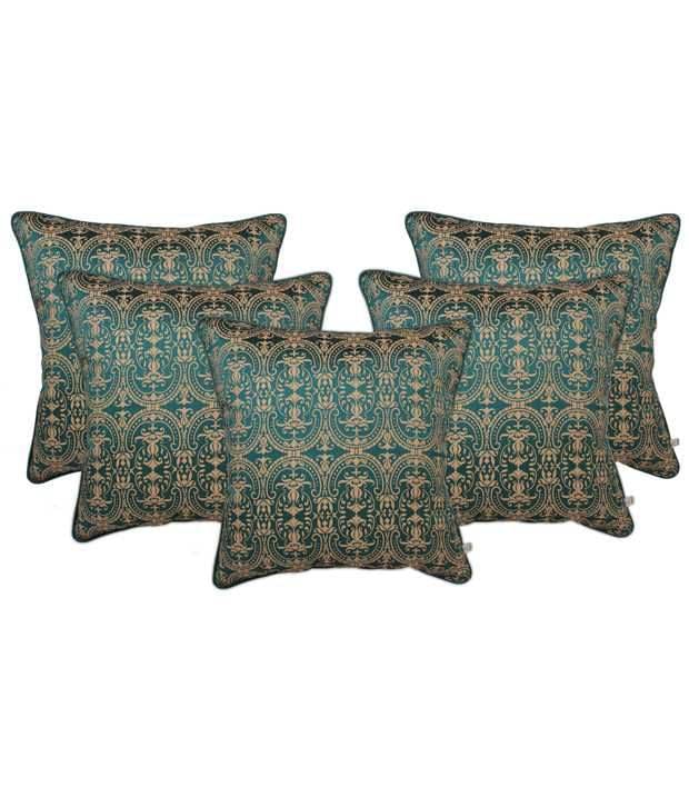 Zubix Blue & Golden Polyester Cushion Covers Set Of 5 Zubix Blue & Golden Polyester Cushion Covers Set Of 5