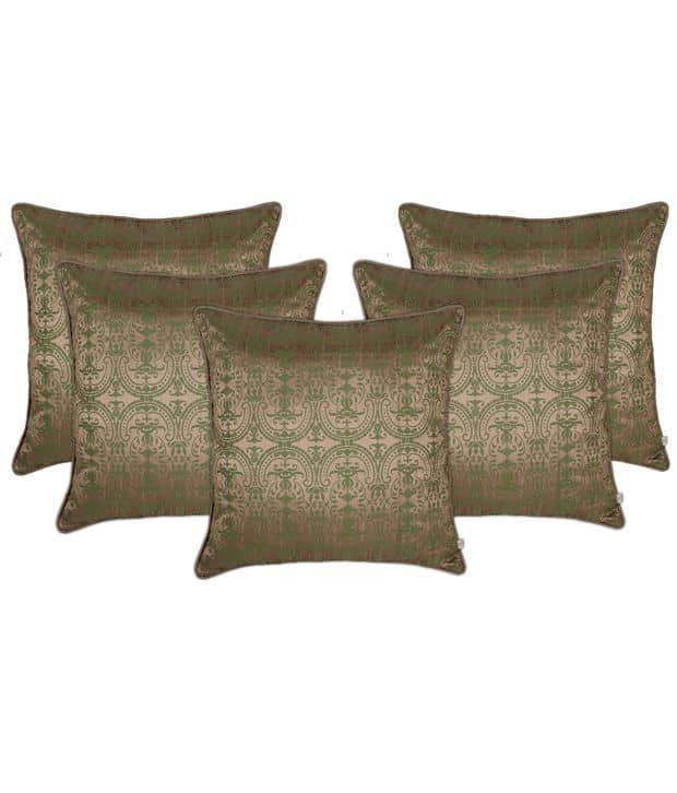 Zubix Golden & Green Polyester Cushion Covers Set Of 5