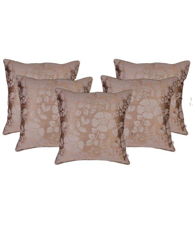 Zubix Golden Polyester Cushion Covers Set Of 5