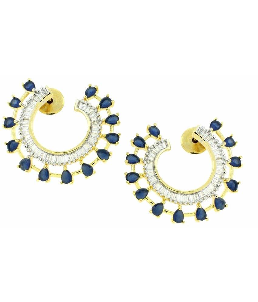     			The Jewelbox Chaand Crescent American Diamond Sapphire Blue Baguette 18K Gold Plated Classic Stud Earring for Women