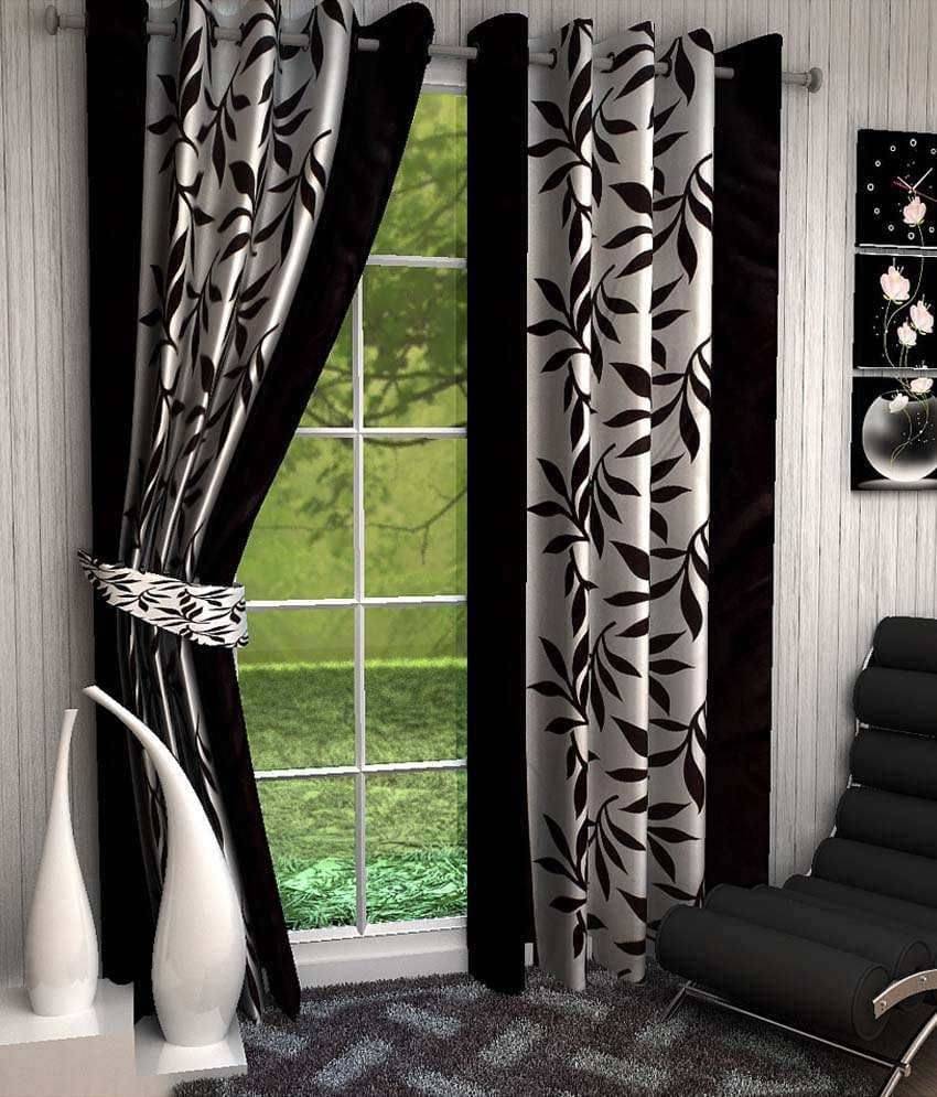Panipat Textile Hub Floral Semi-Transparent Eyelet Window Curtain 7 ft Pack of 2 -Black Panipat Textile Hub Floral Semi-Transparent Eyelet Window Curtain 7 ft Pack of 2 -Black