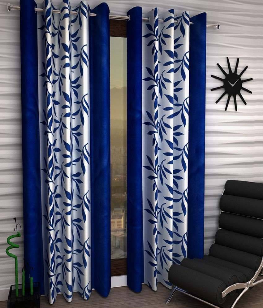     			Panipat Textile Hub Floral Semi-Transparent Eyelet Window Curtain 7 ft Pack of 2 -Blue