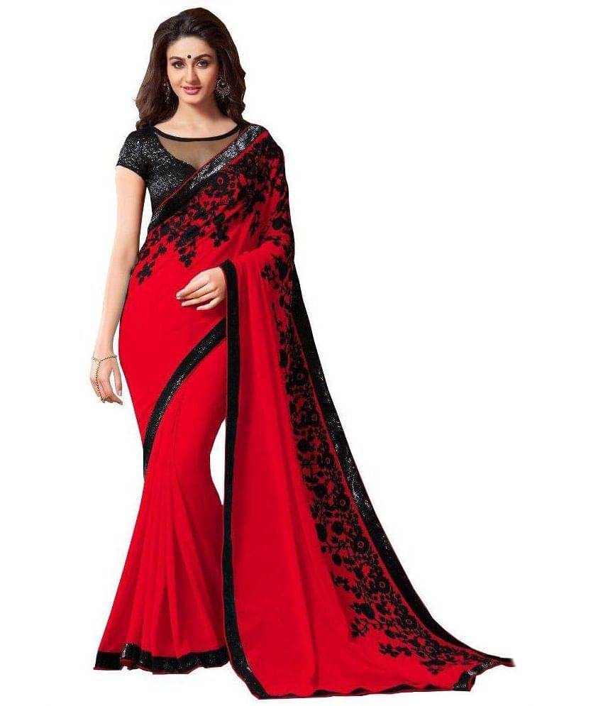     			Designer Saree1 Georgette Saree With Unstitched Blouse Piece ( Red,Brown )