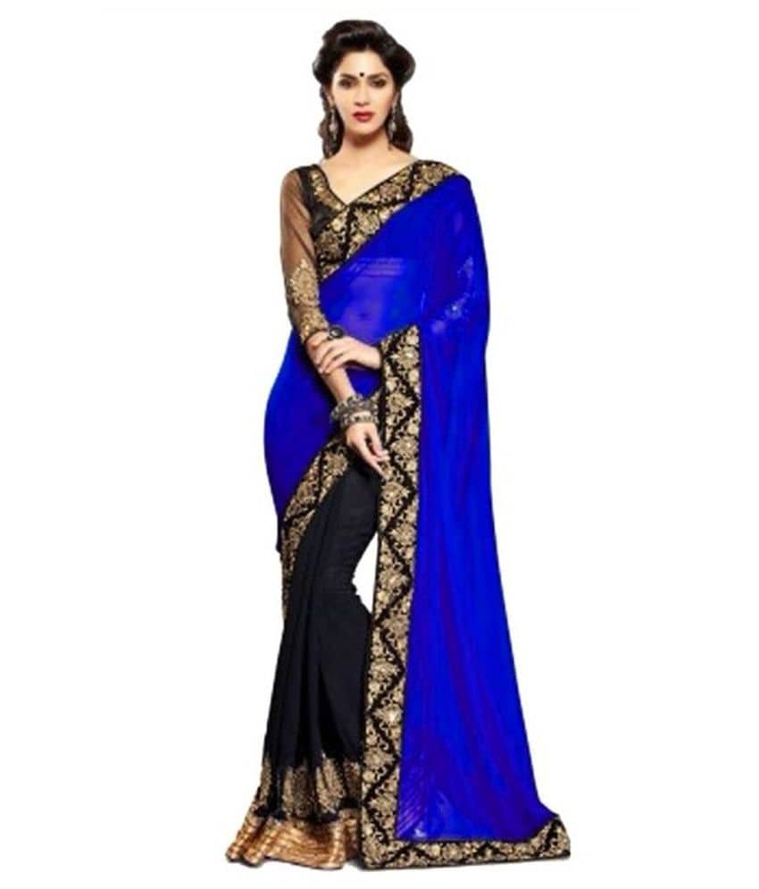 Reya Georgette Saree With Unstitched Blouse Piece ( Blue,Black ) - Sarees | Buy online on ZillyBuy