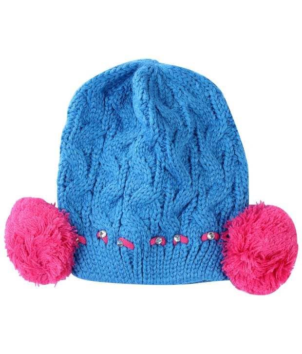 Babyhug Woolen Cap with Pom Pom & Dino Applique Blue - Diameter 11.5 cm main image 1