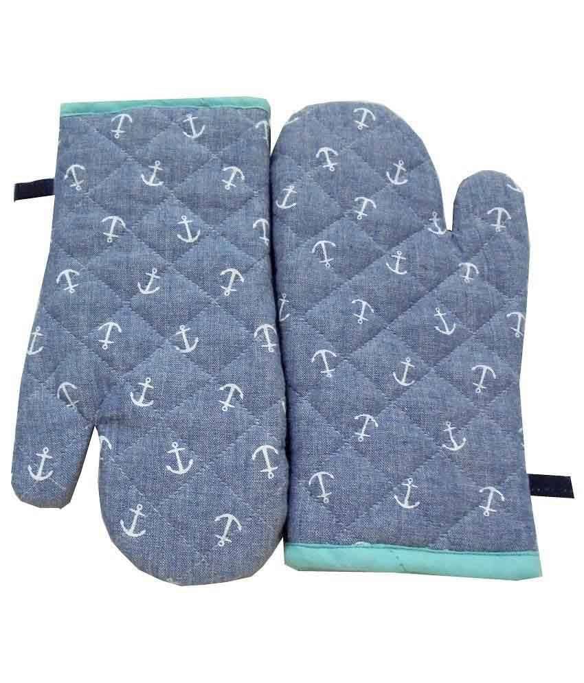     			Tidy Blue Printed Cotton Kitchen Mittens - Set of 2