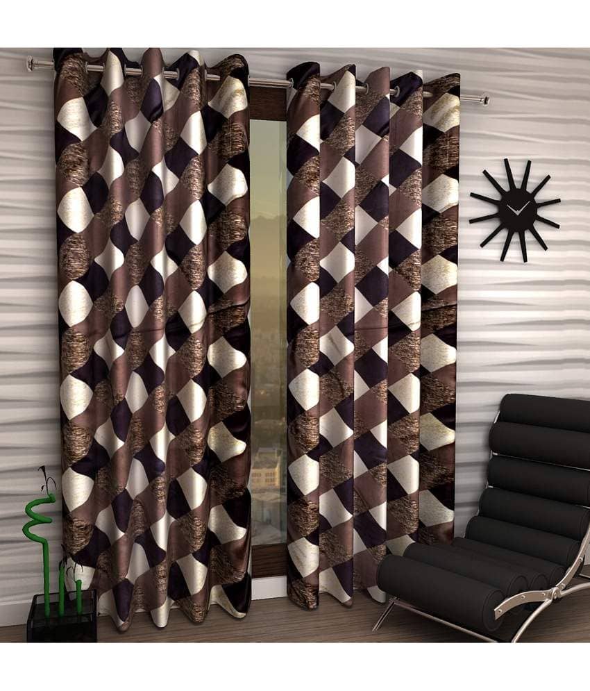 Panipat Textile Hub Checks Semi-Transparent Eyelet Window Curtain 5 ft Pack of 2 -Brown