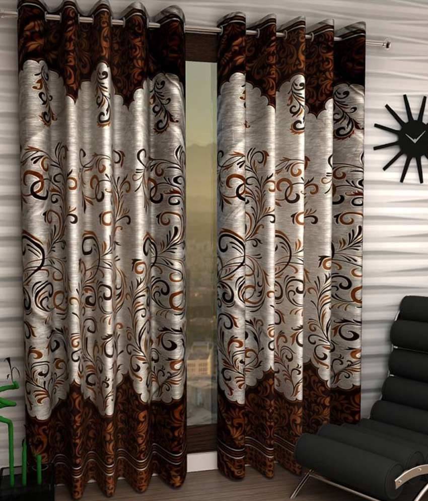 Panipat Textile Hub Floral Semi-Transparent Eyelet Door Curtain 7 ft Pack of 2 -Brown Panipat Textile Hub Floral Semi-Transparent Eyelet Door Curtain 7 ft Pack of 2 -Brown