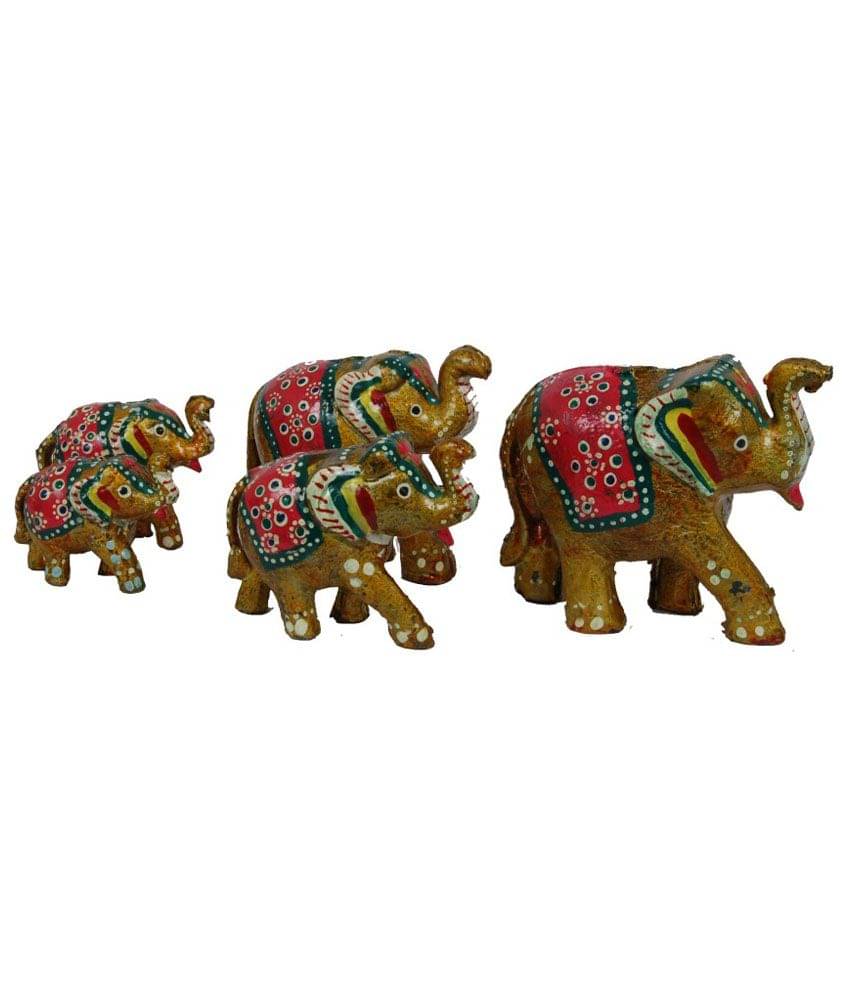 VivanCreation Yellow Brass Enamel Work Pure Brass Elephant 5pcs Set VivanCreation Yellow Brass Enamel Work Pure Brass Elephant 5pcs Set