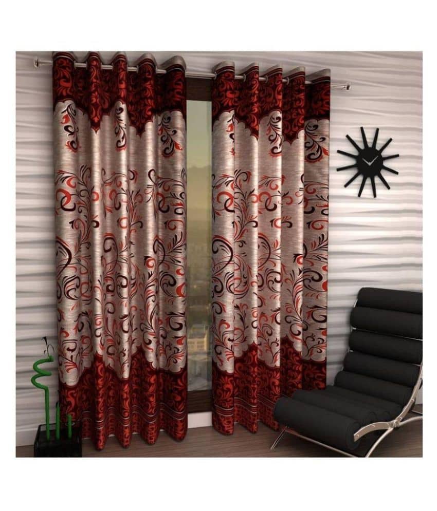 Panipat Textile Hub Printed Blackout Eyelet Door Curtain 7 ft Pack of 2 -Maroon