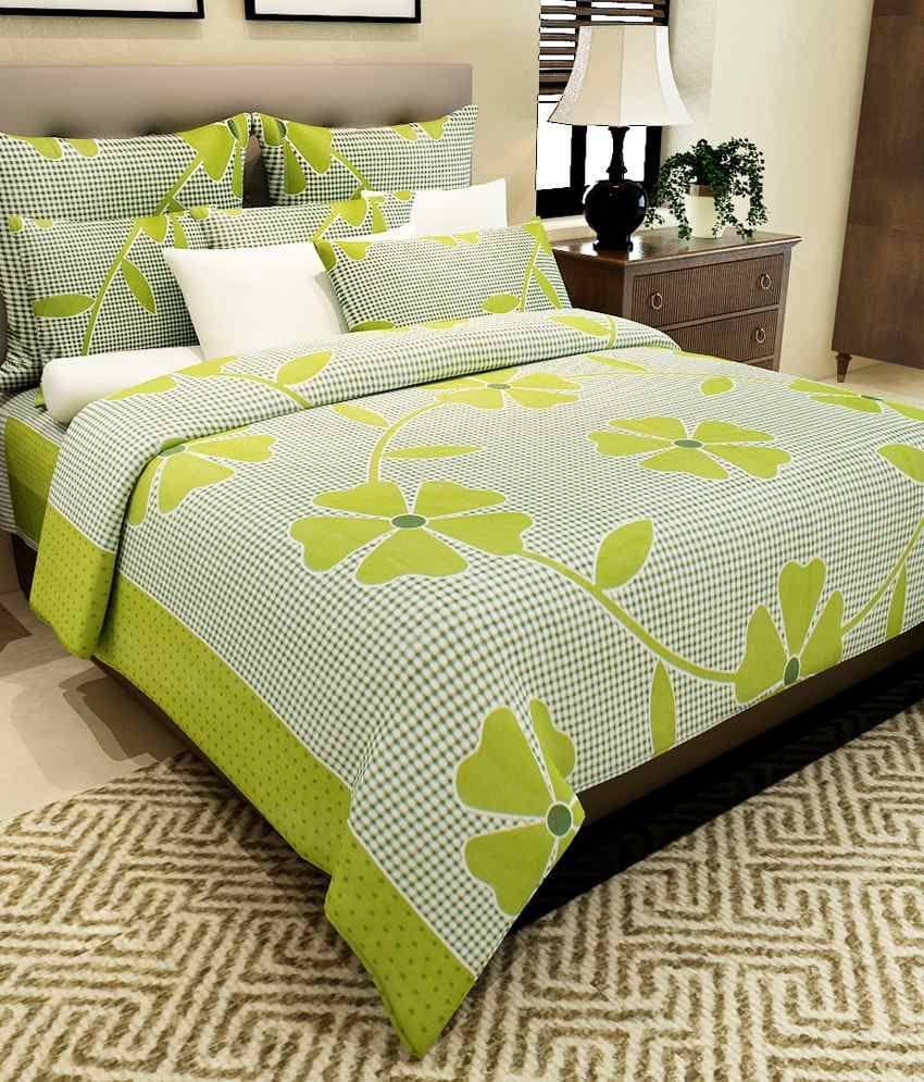 Home Candy 100% Cotton Green Flowers and Checks Double Bed Sheet with 2 Pillow Covers TC 120 (225 x 225 cm)