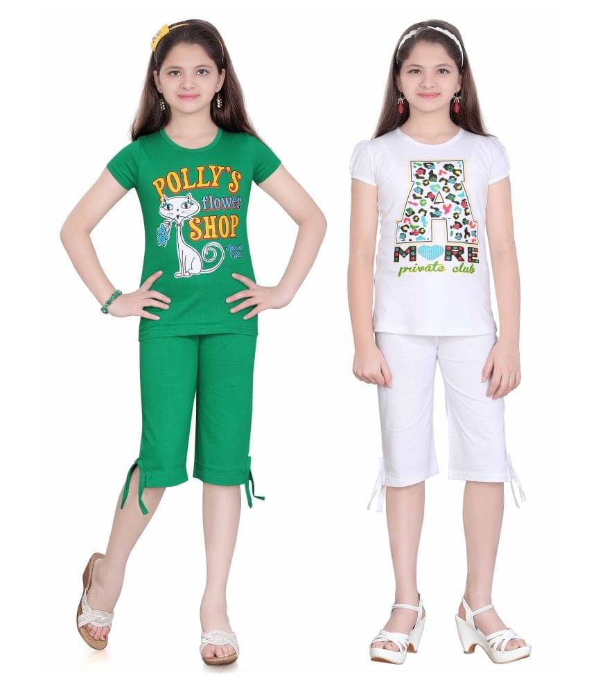     			Sini Mini Pack of 2 Girls 100% Cotton Top With Capris ( Multi )