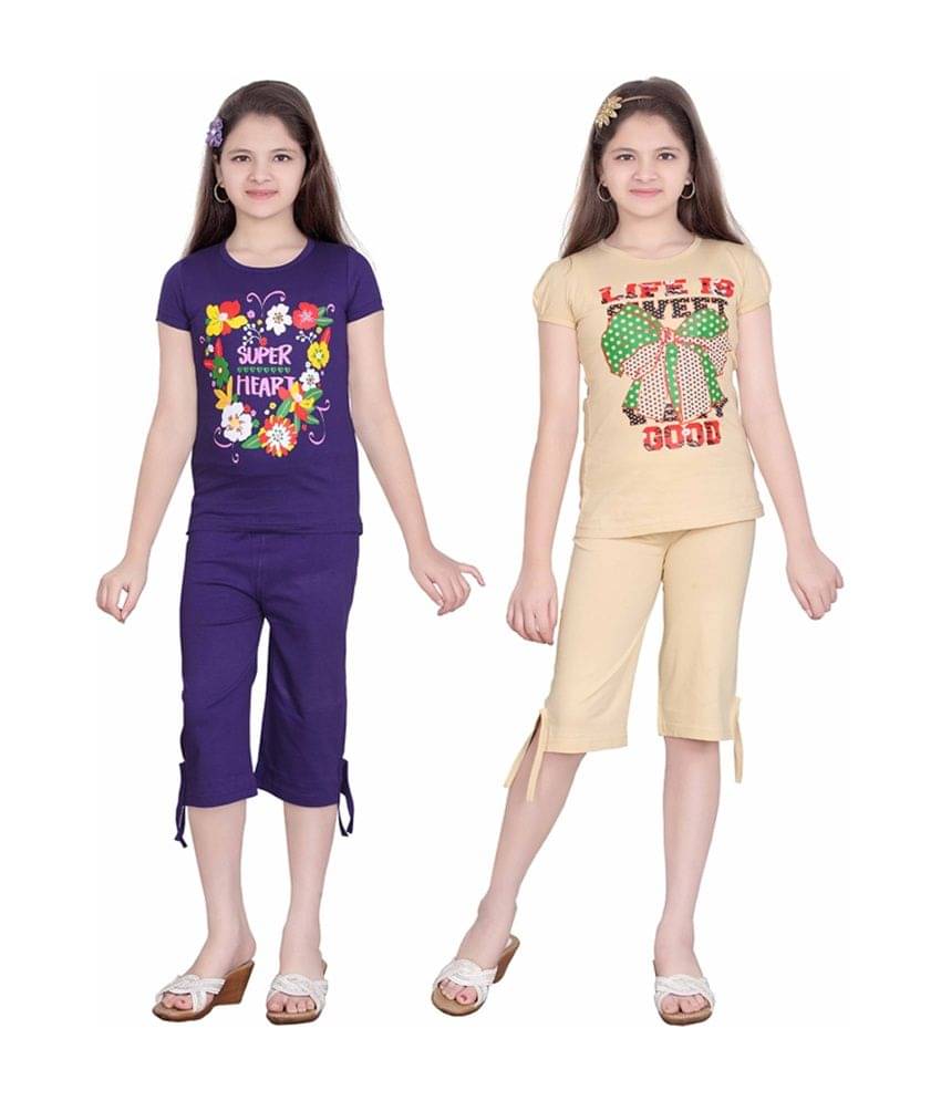     			Sini Mini Pack of 2 Girls 100% Cotton Top With Capris ( Multi )