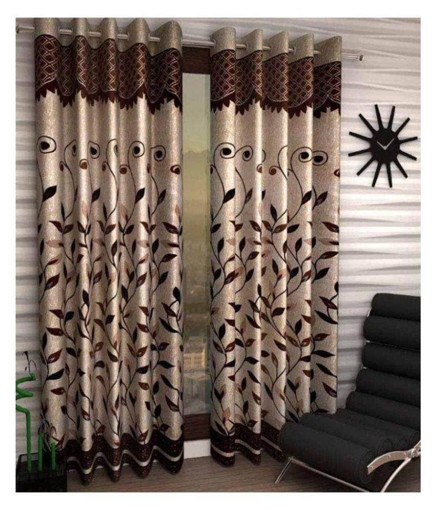 Panipat Textile Hub Floral Semi-Transparent Eyelet Door Curtain 7 ft Pack of 2 -Beige