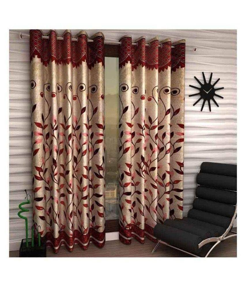 Panipat Textile Hub Printed Semi-Transparent Eyelet Door Curtain 7 ft Pack of 2 -Beige