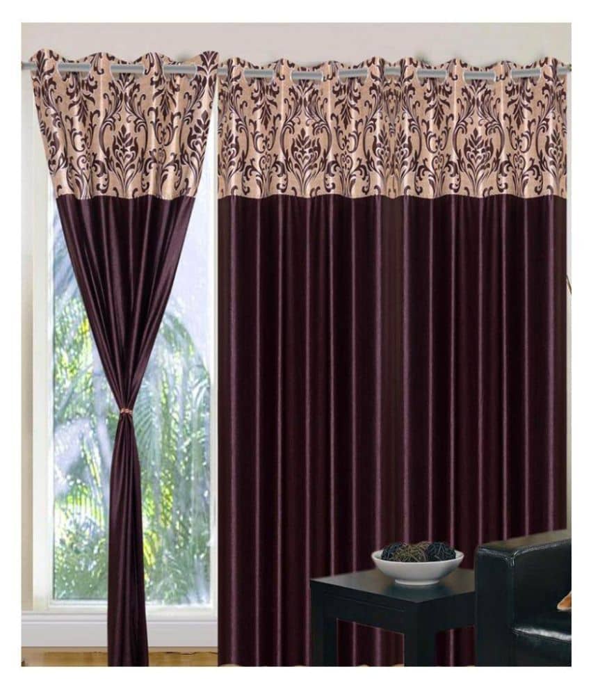 Panipat Textile Hub Floral Semi-Transparent Eyelet Door Curtain 7 ft Pack of 2 -Brown